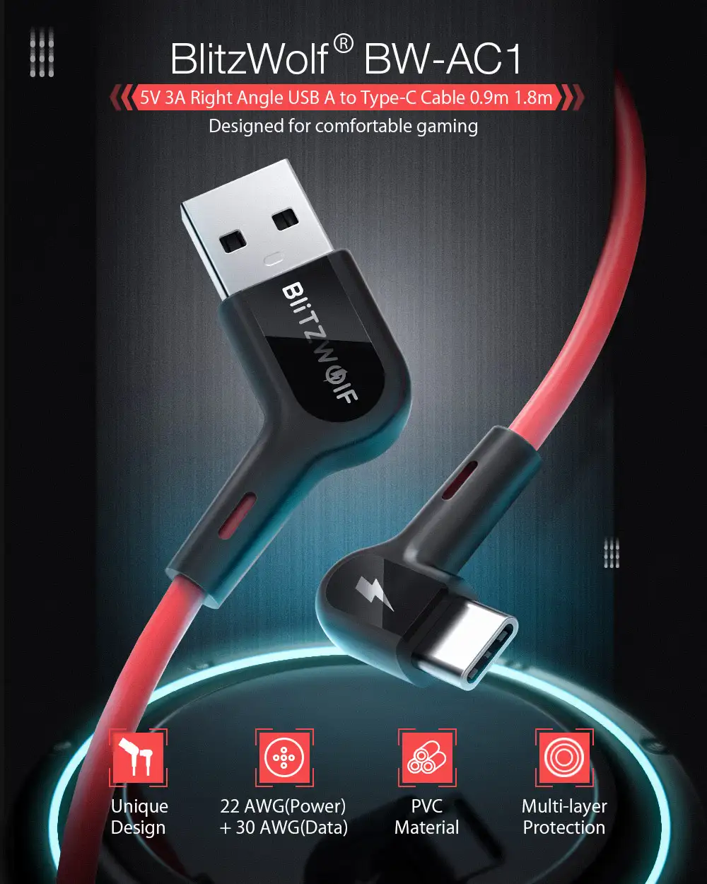 Ъглов кабел USB-A към Type-C BlitzWolf BW-AC1 3A 90см